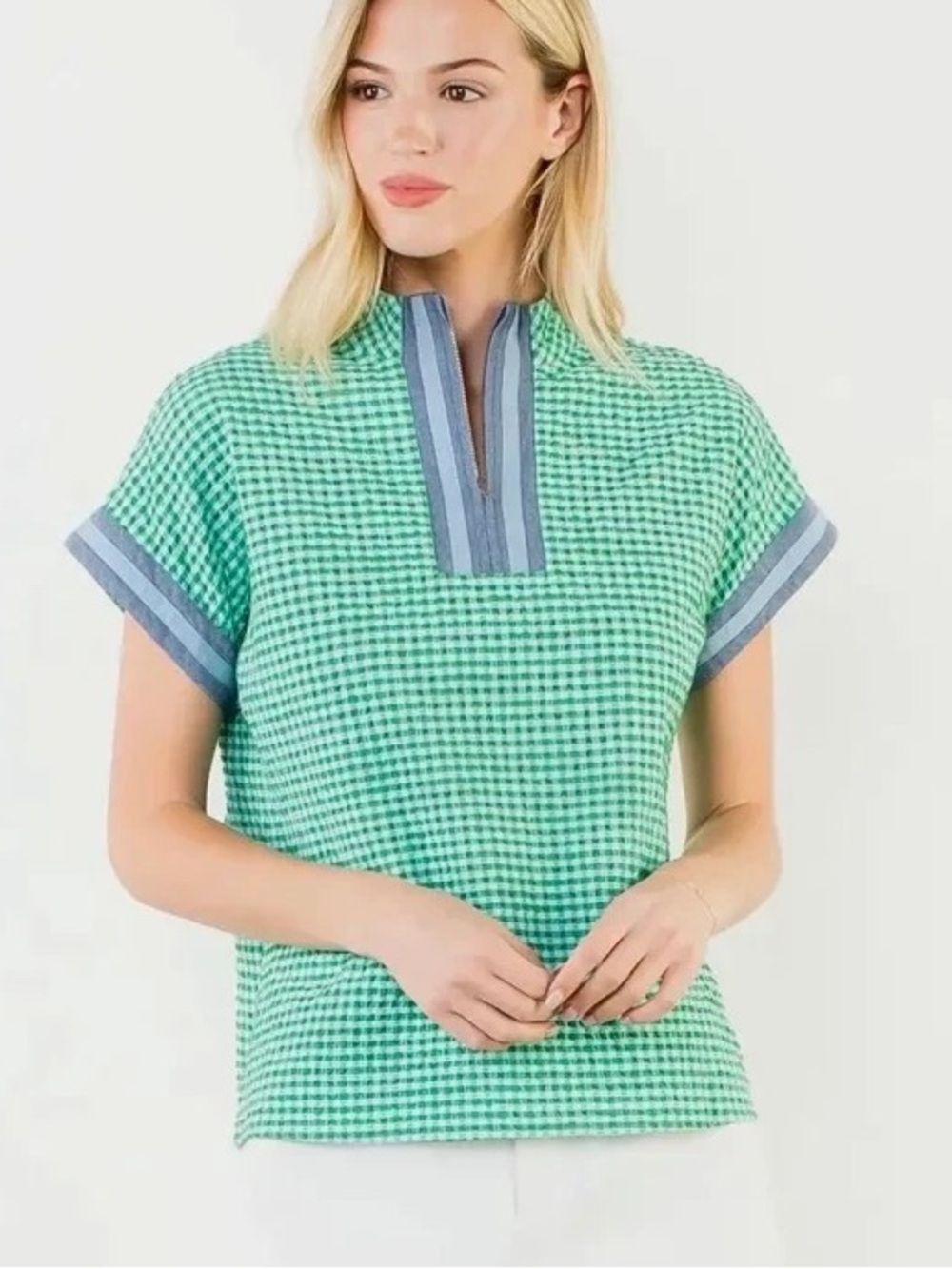 THML Short Sleeve Gingham Zip Top Green Small